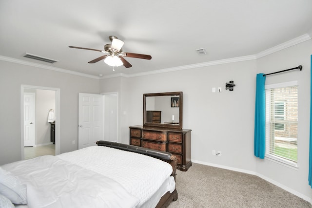 carpeted bedroom featuring ceiling fan and ornamental molding