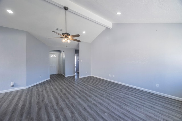 unfurnished living room featuring dark hardwood / wood-style flooring, lofted ceiling with beams, and ceiling fan