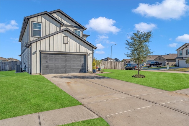 view of property exterior with a yard, cooling unit, and a garage