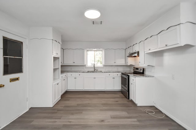 kitchen with white cabinets, sink, stainless steel range with electric cooktop, and dark hardwood / wood-style flooring