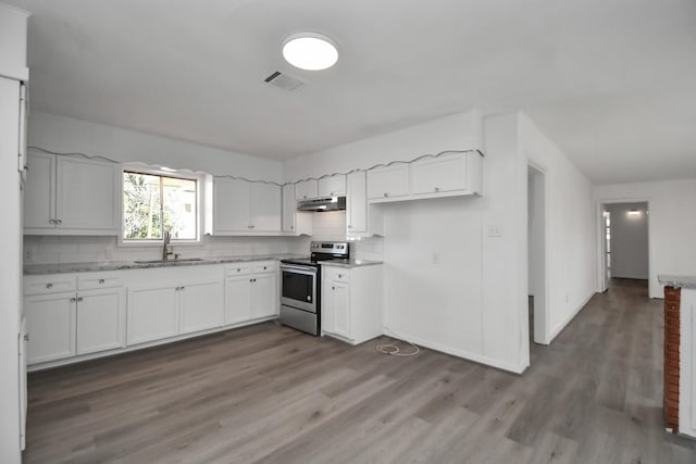 kitchen with electric range, white cabinetry, and sink