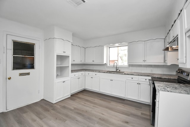 kitchen with sink, electric range oven, light hardwood / wood-style floors, decorative backsplash, and white cabinets