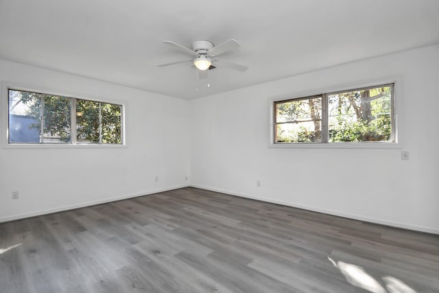 empty room with ceiling fan and dark hardwood / wood-style floors