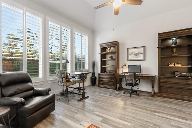 office area featuring ceiling fan and light wood-type flooring