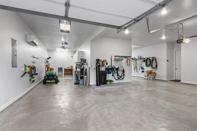 garage with an AC wall unit, electric panel, ceiling fan, and a garage door opener