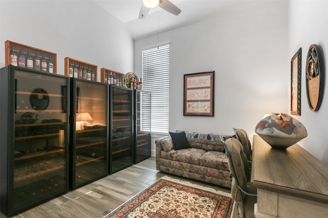 office space featuring ceiling fan and light wood-type flooring