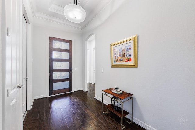 entrance foyer with dark hardwood / wood-style flooring, ornamental molding, and a tray ceiling