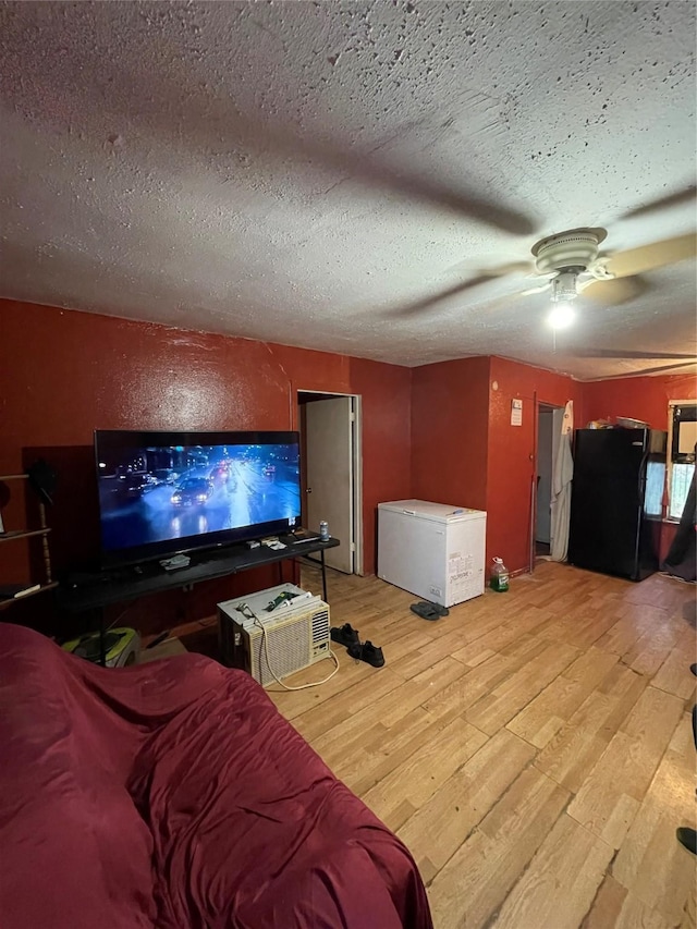 living room with a textured ceiling and light hardwood / wood-style flooring