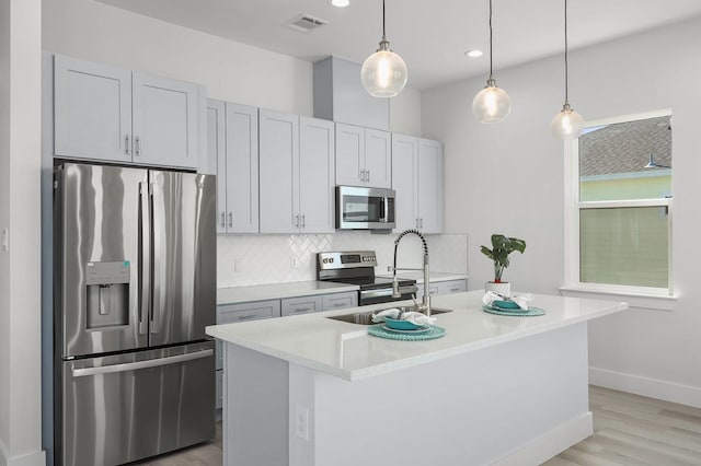 kitchen with decorative light fixtures, sink, appliances with stainless steel finishes, and an island with sink