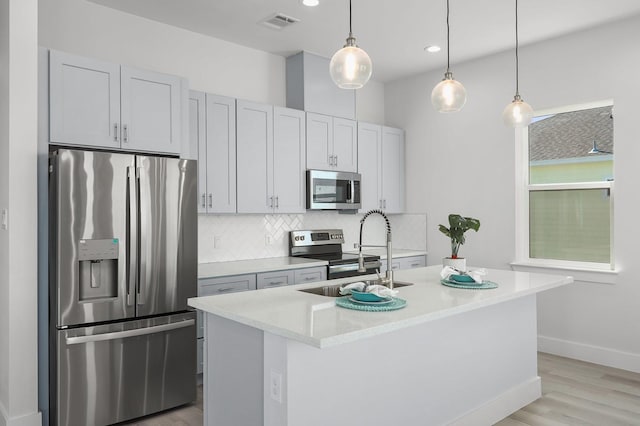 22803 Miramar Dr, Galveston, TX 77554 - kitchen with appliances with stainless steel finishes, light wood-style flooring, tasteful backsplash, a kitchen island with sink, and pendant lighting