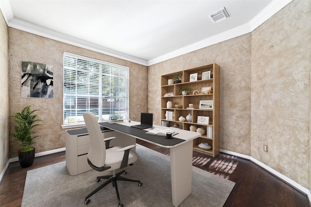 office with dark hardwood / wood-style flooring and crown molding