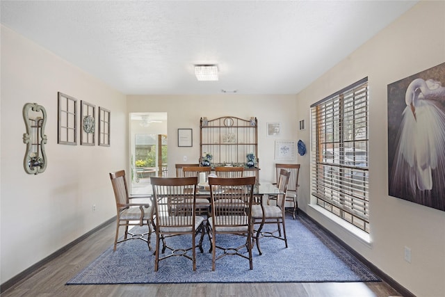 dining space with ceiling fan, a textured ceiling, and dark hardwood / wood-style flooring