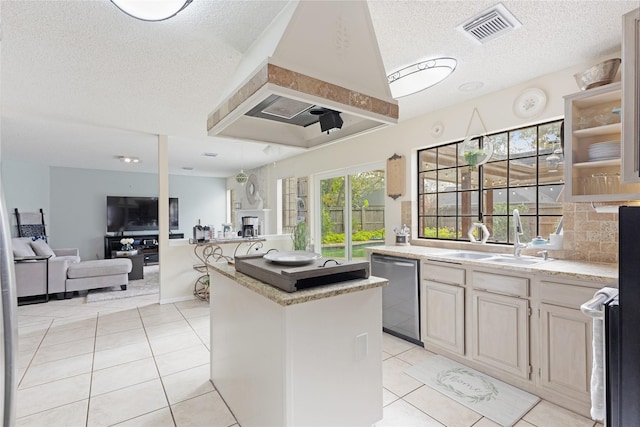 kitchen with sink, light tile patterned flooring, dishwasher, and extractor fan