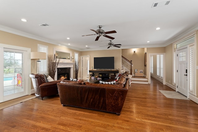 living room featuring crown molding, a fireplace, ceiling fan, and wood-type flooring