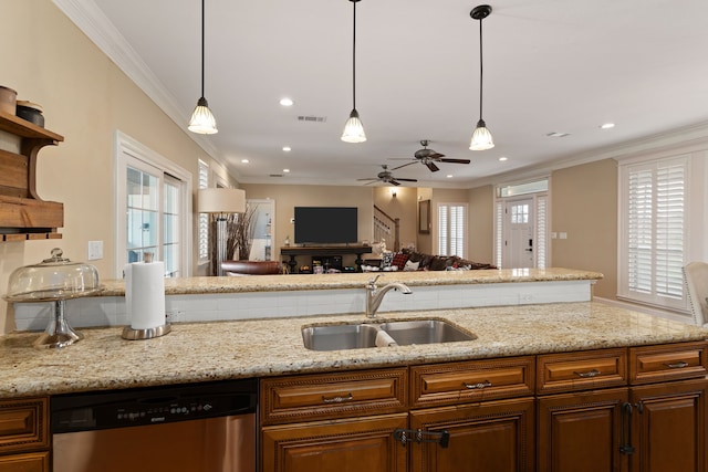 kitchen featuring dishwasher, ceiling fan, ornamental molding, and sink