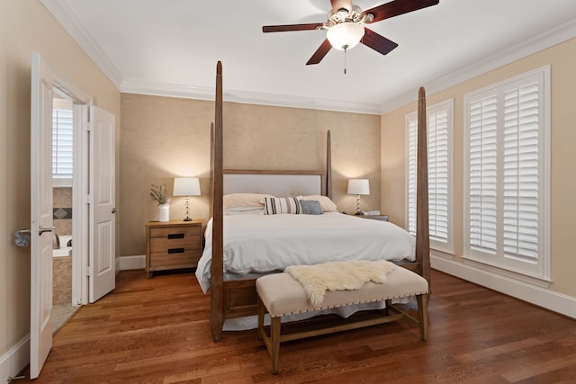 bedroom with ceiling fan, dark hardwood / wood-style floors, and multiple windows