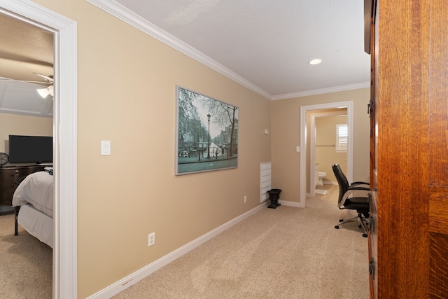 carpeted office space featuring crown molding and ceiling fan