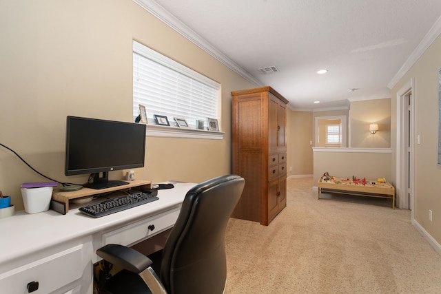 carpeted home office with crown molding