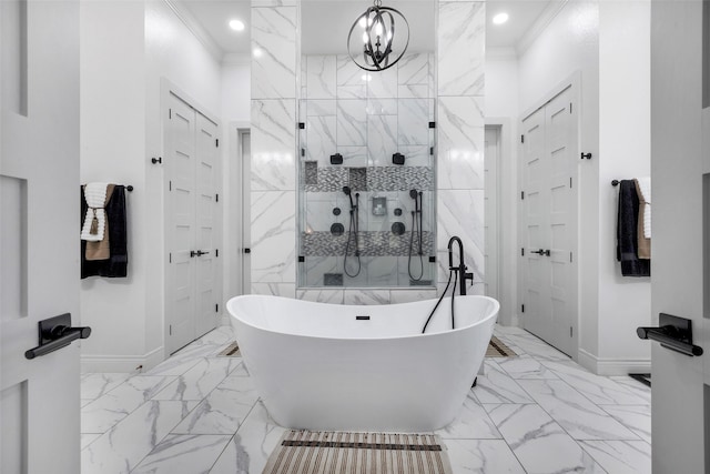 bathroom with separate shower and tub, a notable chandelier, and ornamental molding