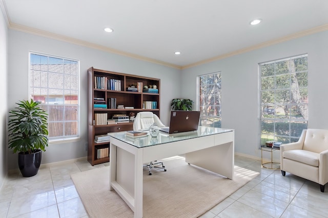 office space featuring a healthy amount of sunlight, baseboards, ornamental molding, and light tile patterned flooring