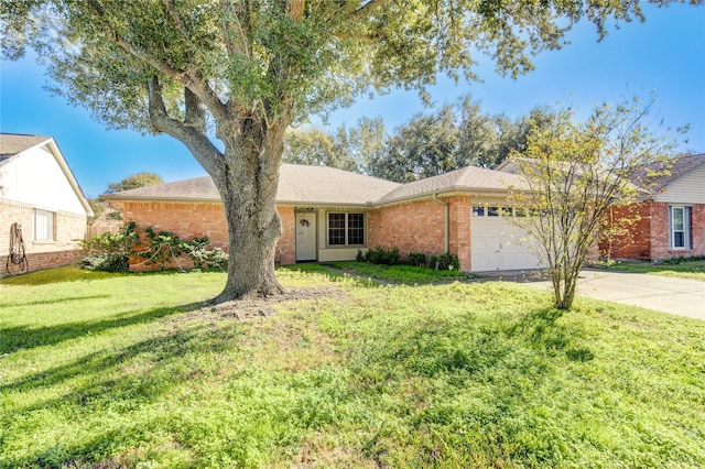 single story home with a garage and a front lawn