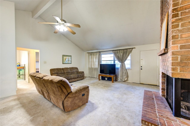 living room with carpet, high vaulted ceiling, a brick fireplace, ceiling fan, and beamed ceiling