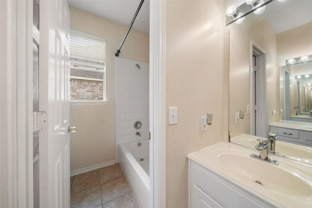 bathroom with tile patterned flooring, vanity, and tiled shower / bath combo