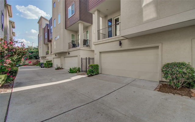 exterior space with a garage