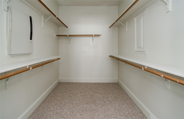 walk in closet featuring light colored carpet