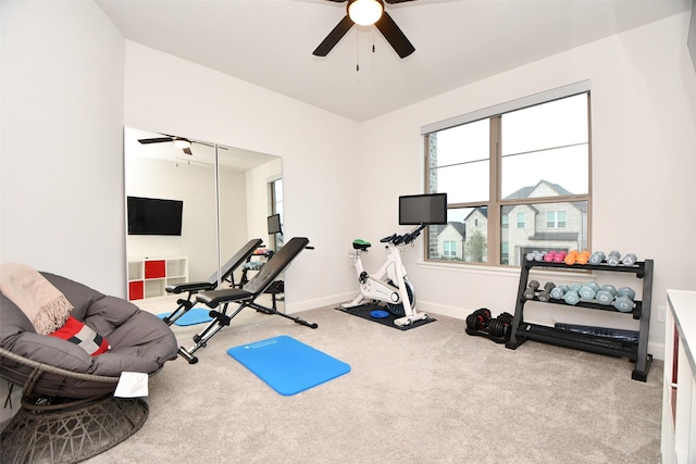 exercise area featuring ceiling fan and carpet floors