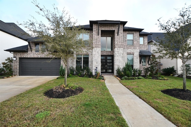 view of front of home with french doors and a front lawn