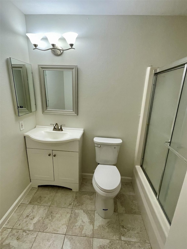 full bathroom featuring vanity, toilet, and enclosed tub / shower combo