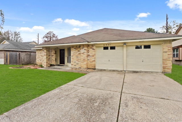 ranch-style house featuring a front yard and a garage