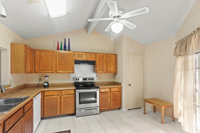 kitchen with dishwasher, stainless steel electric stove, sink, vaulted ceiling with beams, and ceiling fan