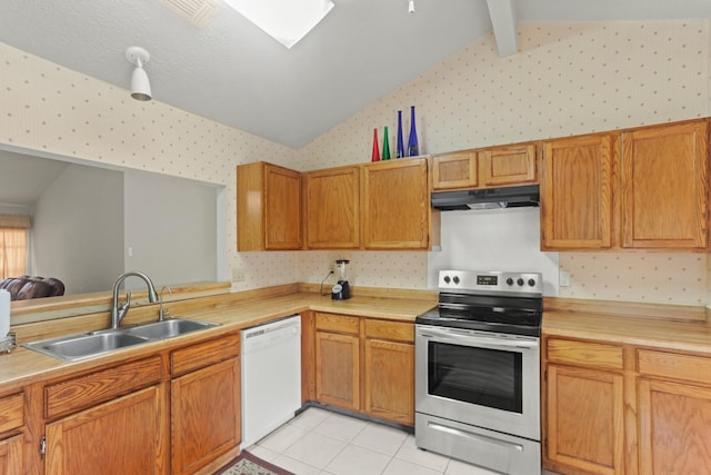 kitchen featuring stainless steel range with electric stovetop, white dishwasher, lofted ceiling with beams, sink, and light tile patterned floors