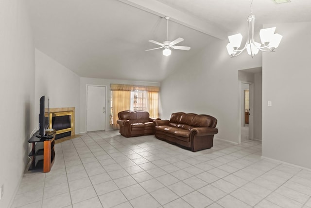 tiled living room featuring a fireplace, ceiling fan with notable chandelier, high vaulted ceiling, and beamed ceiling