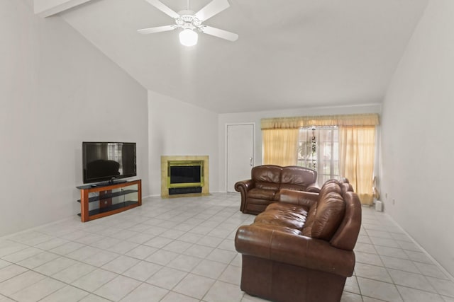 tiled living room with ceiling fan, beamed ceiling, and high vaulted ceiling