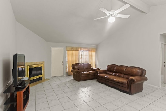 living room featuring lofted ceiling with beams, ceiling fan, and light tile patterned floors