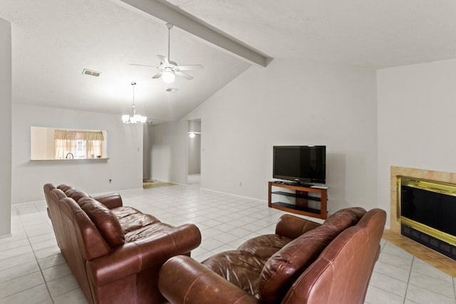 tiled living room with ceiling fan with notable chandelier and vaulted ceiling with beams