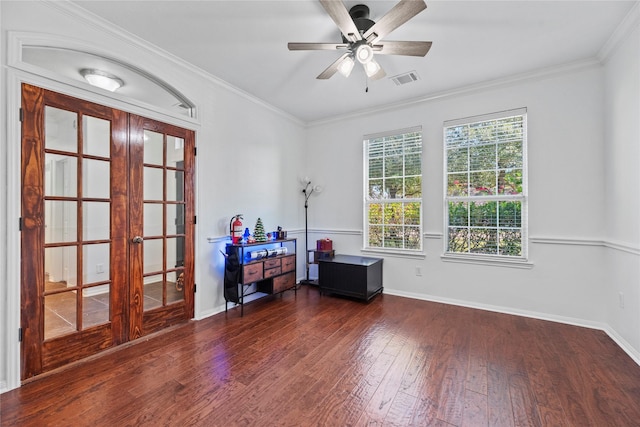 interior space featuring french doors, ceiling fan, ornamental molding, and dark hardwood / wood-style flooring