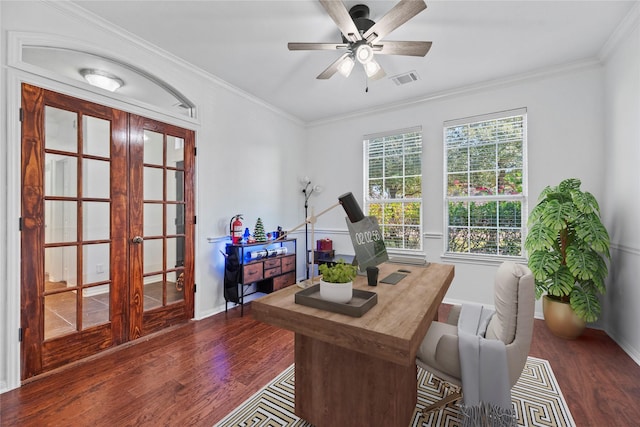 home office featuring crown molding, dark hardwood / wood-style floors, french doors, and ceiling fan