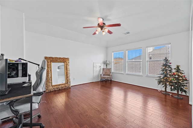 office featuring dark wood-type flooring and ceiling fan