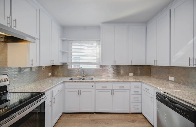 kitchen featuring sink, stainless steel appliances, light hardwood / wood-style flooring, decorative backsplash, and white cabinets