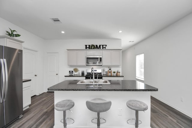 kitchen featuring dark hardwood / wood-style floors, sink, appliances with stainless steel finishes, and an island with sink