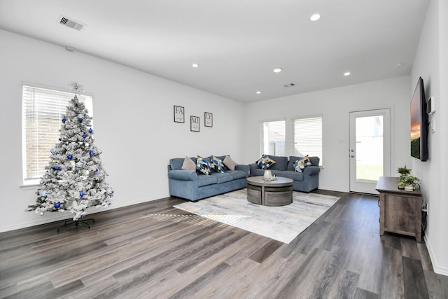 living room with dark wood-type flooring