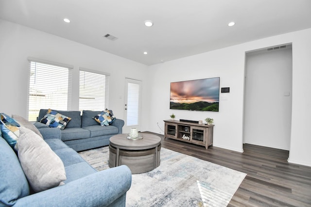 living room with dark hardwood / wood-style flooring