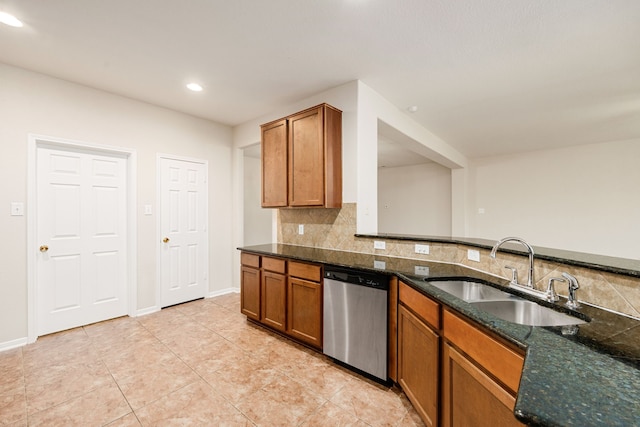 kitchen featuring backsplash, dark stone countertops, dishwasher, and sink