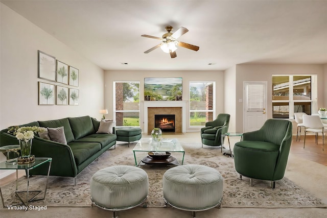 living room featuring ceiling fan