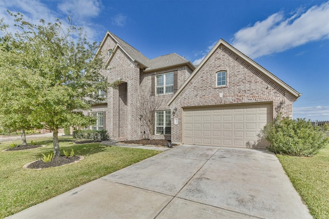 view of front of property featuring a front yard and a garage