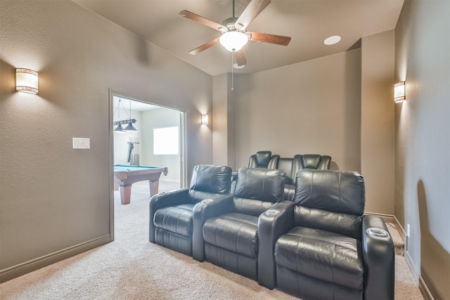 home theater featuring ceiling fan, carpet, lofted ceiling, and billiards